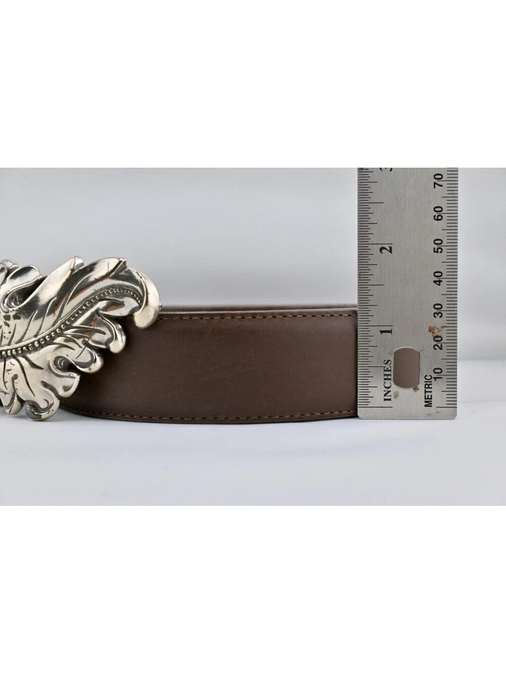 LEATHER L brown western Acanthus Silver leaf belt buckle 49 Inches Long
